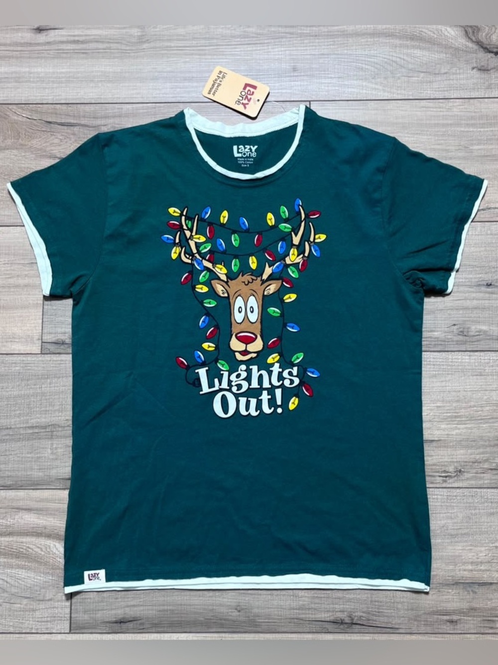 Lazy One Womens Lights Out Reindeer Christmas Pajama Tee Size Small Green